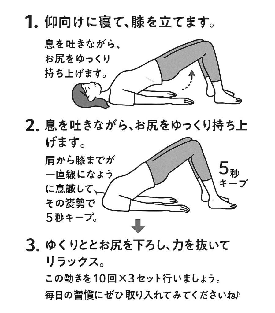 仰向けに寝ておしりを持ち上げる骨盤底筋ストレッチ