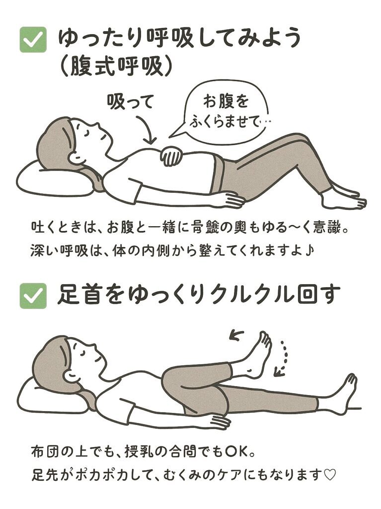 仰向けになって行う腹式呼吸の仕方、足首を回すストレッチ図