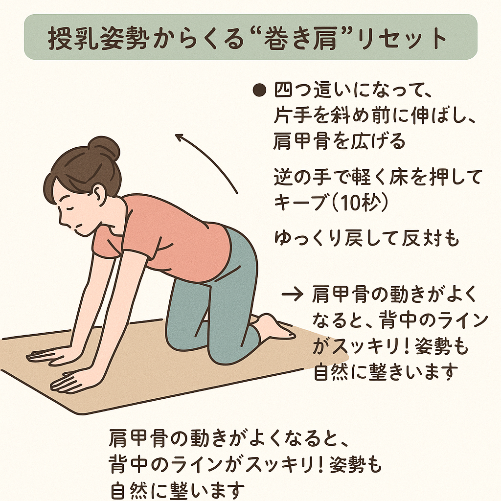 四つん這いになって片腕をあげて行う肩甲骨のストレッチ